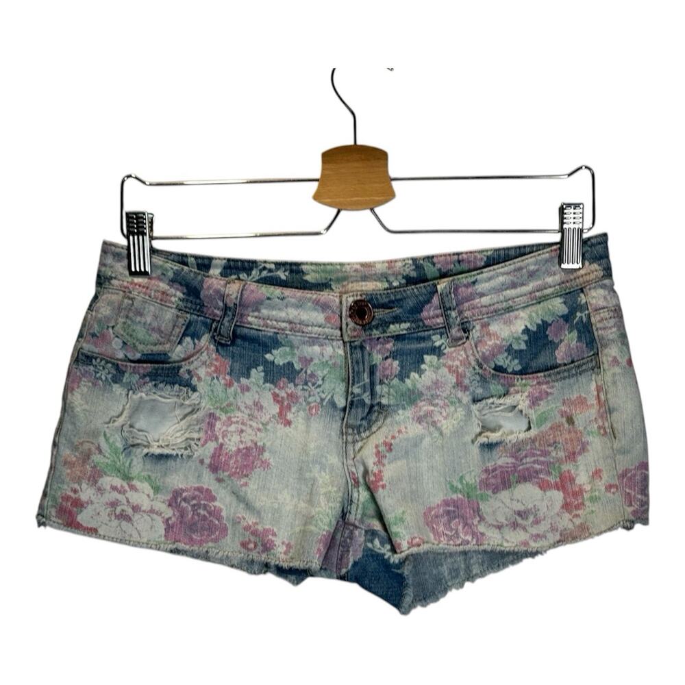 Y2K Womens Floral Denim Micro Mini Shorts Distressed Low Rise Cheeky Festival 5